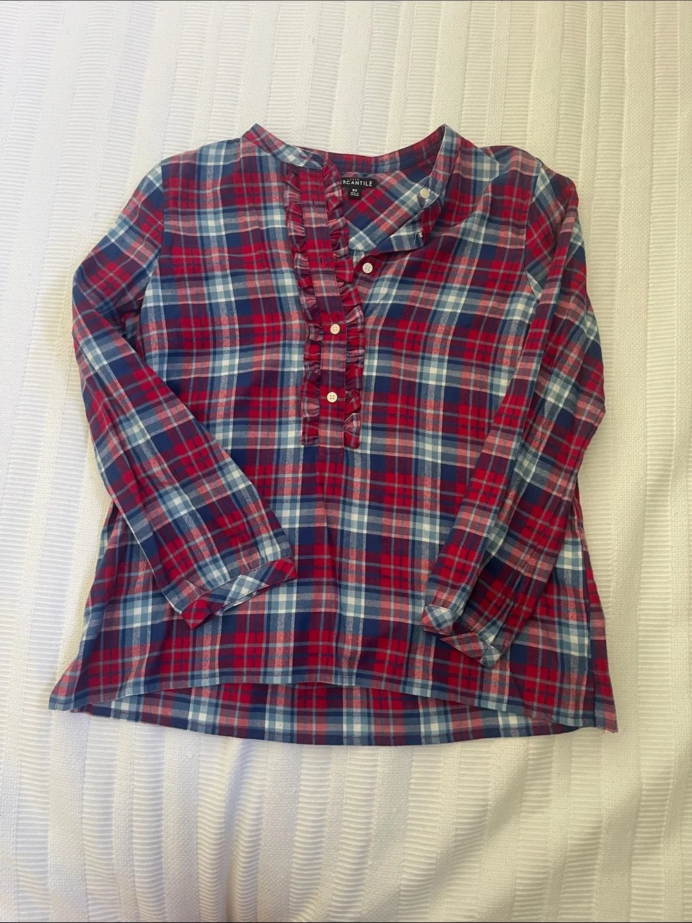 J. Crew Red & Blue Plaid Ruffle Henley Button-Down Shirt